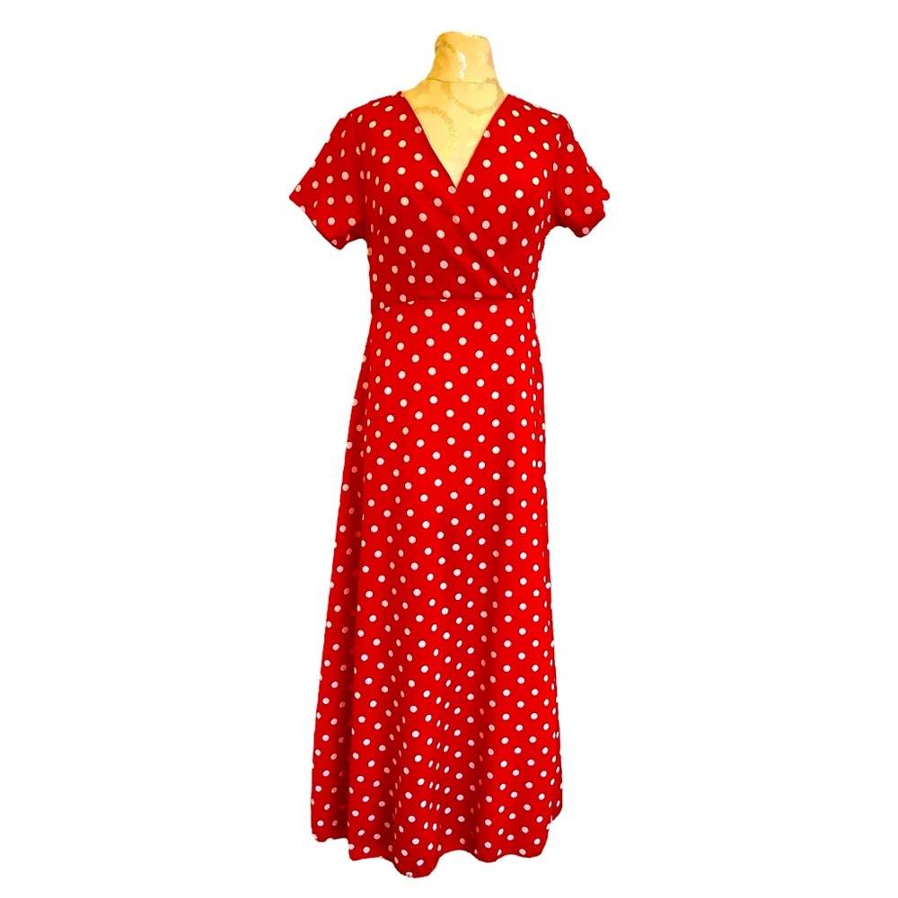 Red and white long polka dot dress
